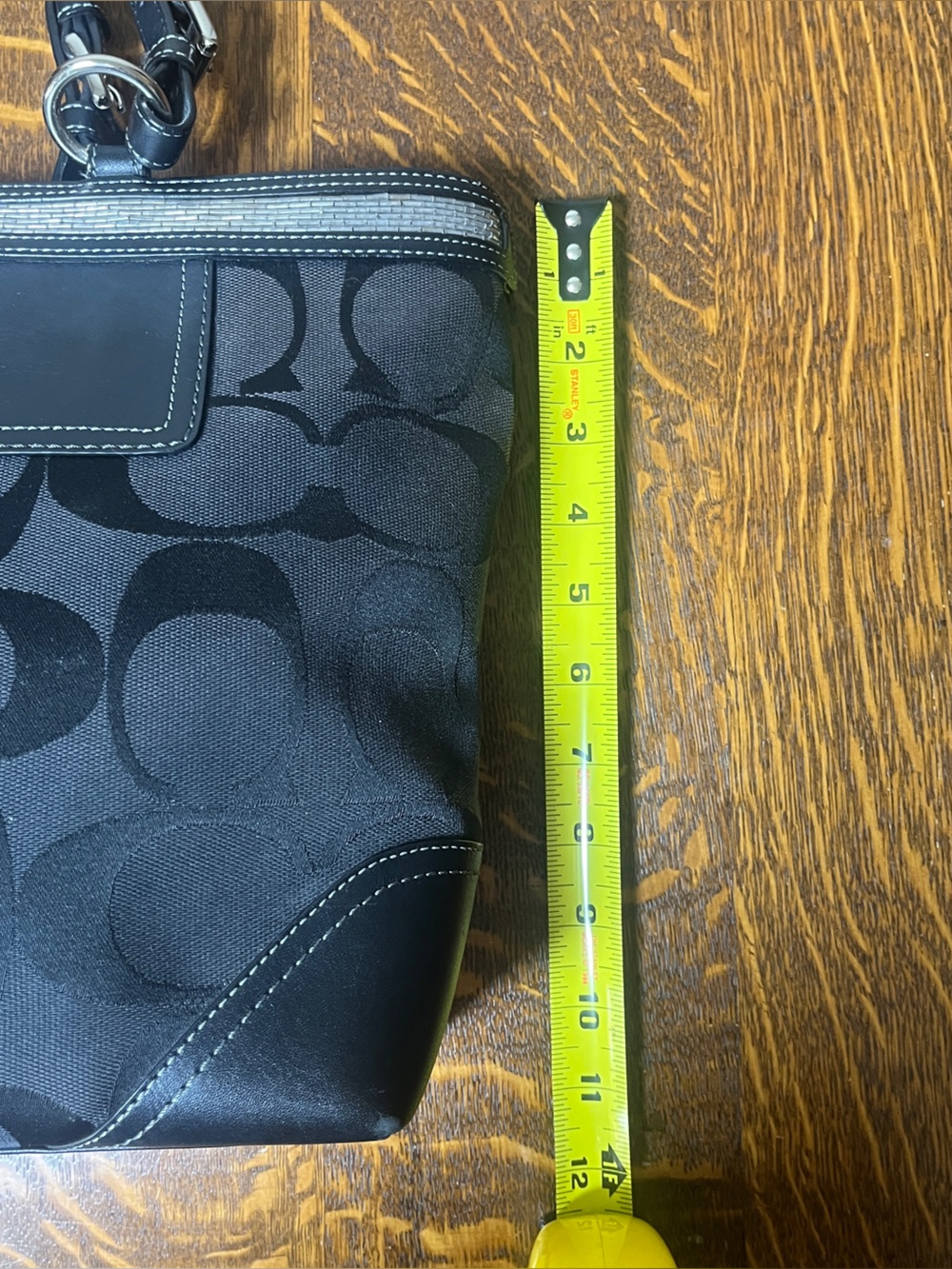 Coach Black Signature Canvas Shoulder Tote with shiny clear bead details. - Picture 5 of 8